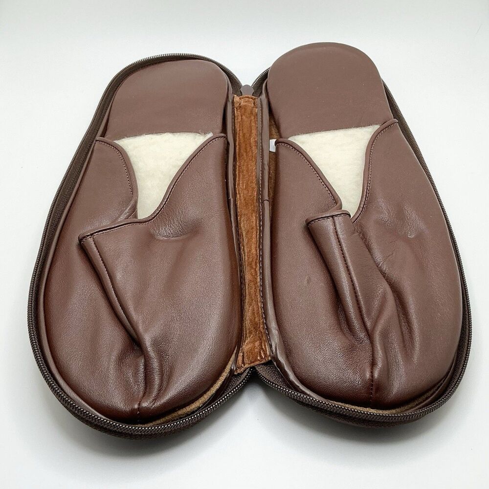 Vintage Leather Sherpa Lined Travel Slippers | Men's Large | Zippered Case